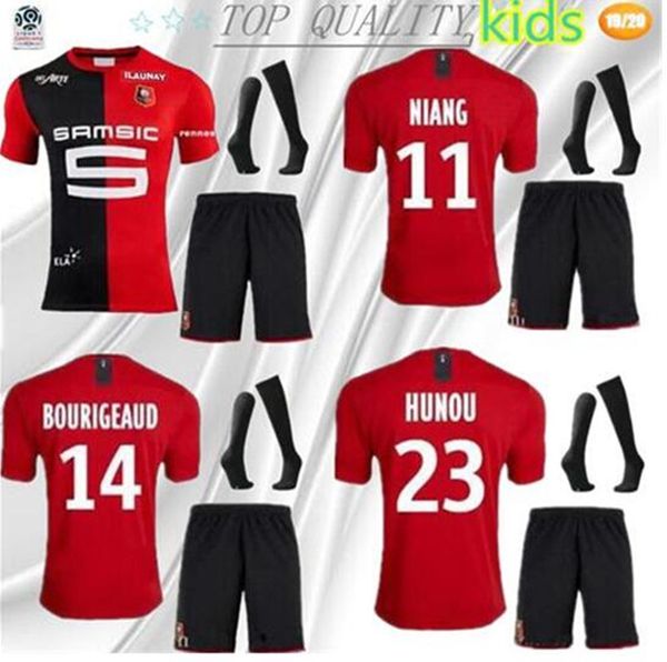 

kids kits+socks 19 20 stade rennais soccer jersey home 2019 2020 rennes maillot de foot sarr niang bourigeaud andre hunou football sets, Black