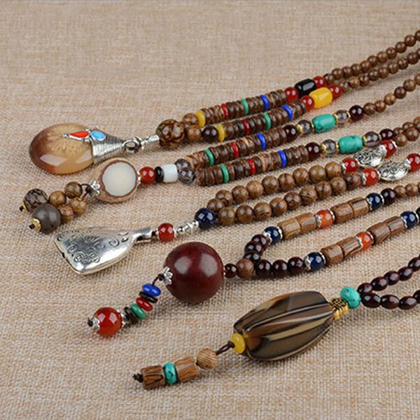 

1pc buddhist wood beads handmade long tassel necklace ethnic horn fish long statement jewelry, Silver