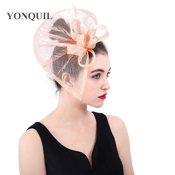 

2018 women champagne feather flower fascinator with bow ladies hair accessories wedding party floral headband hair pin syf385
