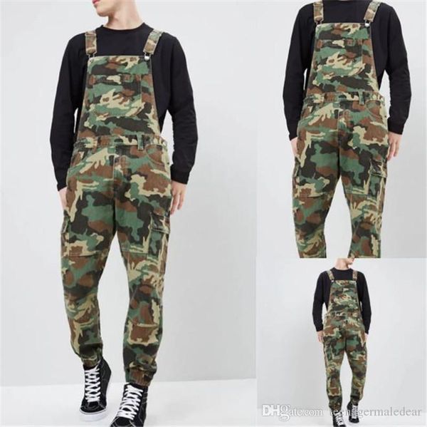 

Januarysnow Camouflage Denim Mens Overalls Designer Printed Jeans Jumpsuits Fashion Slim Male Long Pants, Army green
