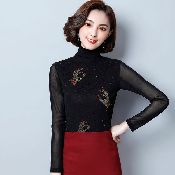 

xxxl new 2018 spring autumn gauze knitted t shirt women rhinestones all-match turtleneck long-sleeve shirt fashion casual, White