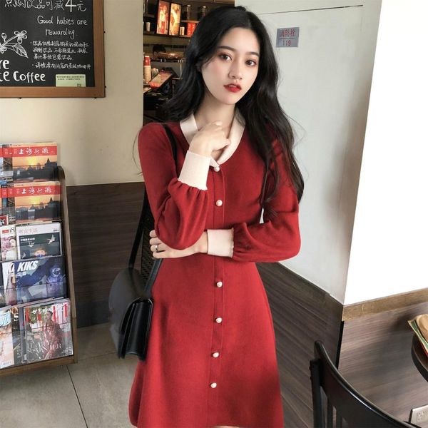 

2019 spring new arrival women red dress patchwork lapel long sleeve v neck knitted dresses with button elegant party casual slim, Black;gray