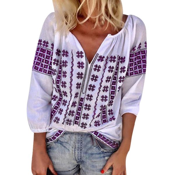 

casual women floral printed v neck 3/4 sleeve t shirts ladies shirt summer graphic tees fashion clothes camisetas mujer 2#, White