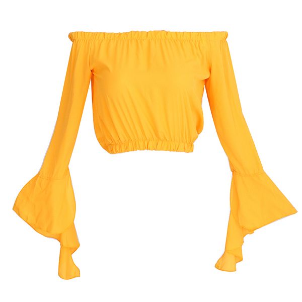 

women ladies off shoulder blouse flared sleeve casual shirts yellow/red, White