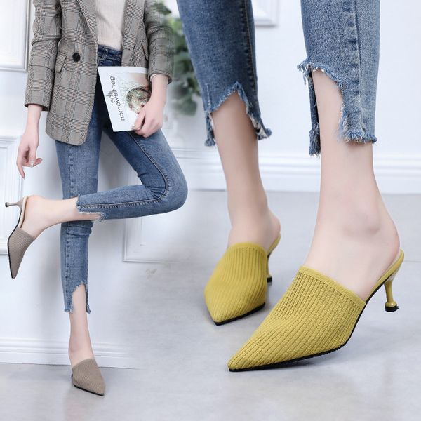 

slipper women's outer wear 2019 summer new style knitted pointed high heels lazy sandals casual versatile closed-toe semi-slippe, Black