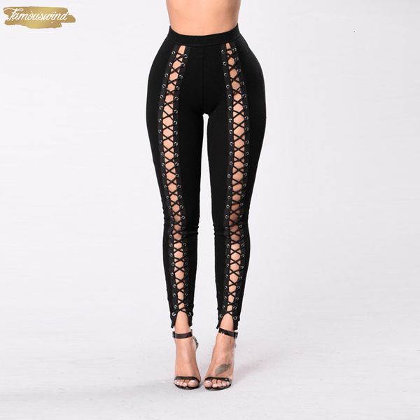 

lace pencil pants women up nine hole tie for ladies high waist criss cross trousers fitness elastic leggings, Black;white
