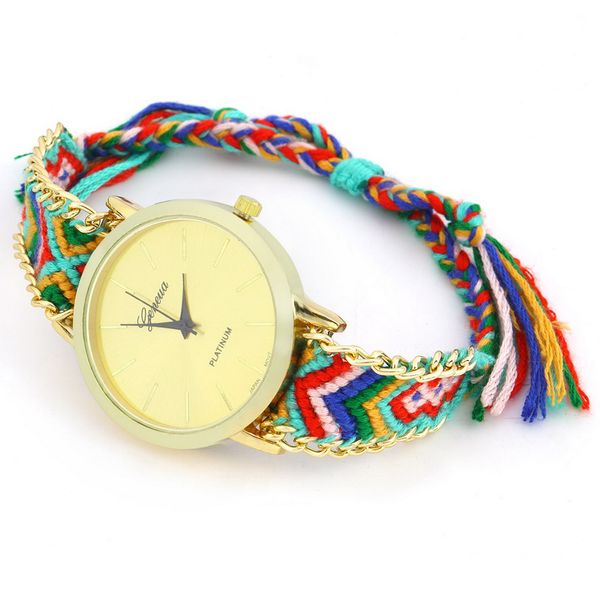 

women's geneva ethnic cotton blend handmade braided analog quartz chain bracelet wrist watch ladie dress watch, Slivery;brown