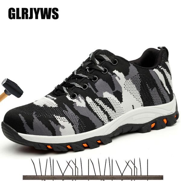 

camouflage breathable safety boots men steel toe cap safety construction outdoor puncture anti-smashing work boots mesh sneakers, Black