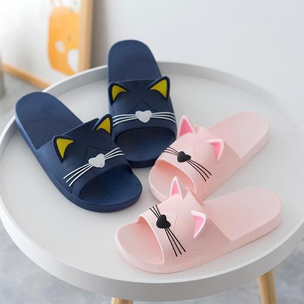 

Â marketing summer bathroom slipperÂ cute men&women home indoors slippers cartoon cat floor family shoes beach sandals, Black