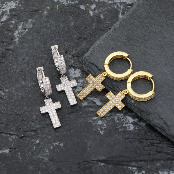 

fashion double row zircon earrings cross micro-set zircon hip hop earrings jewelry factory direct sales, Silver