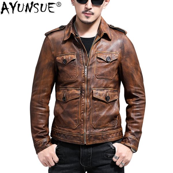 

ayunsue genuine leather jacket men real sheepskin coat vintage slim fit short autumn motorcycle men leather jackets yc-55 kj3216, Black