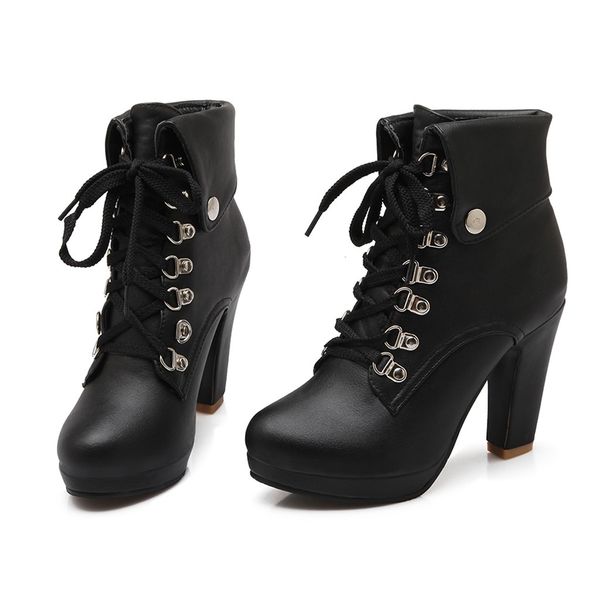 

winter women pumps dress boots platform fashion leather lace up round toe mid heels snow botas women shoes mujer 43, Black