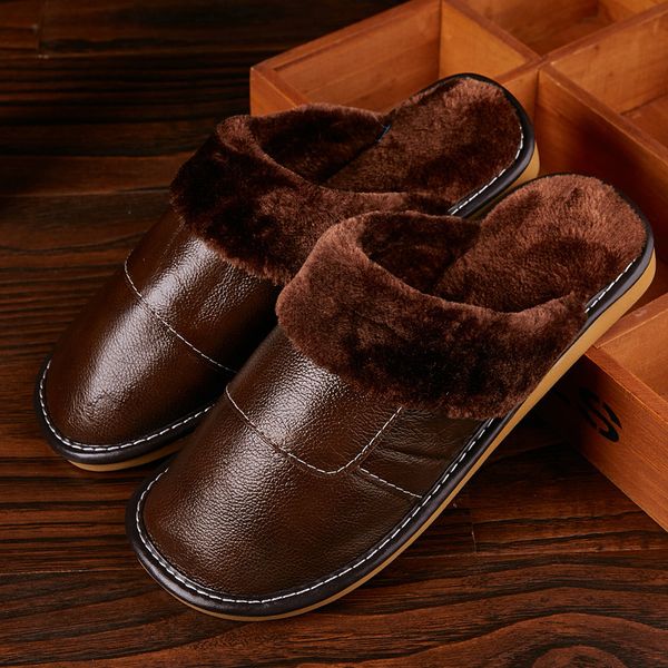 

coslony 2019 lovers winter thickening warm shoes mens leather cotton slippers men large size 39-44 indoor home shoes with plush, Black