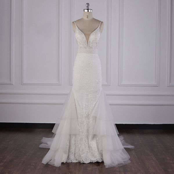 

spaghetti white mermaid wedding dresses lace appliques sequins beautiful wedding dresses with tulle train bridal gowns robe de soiree
