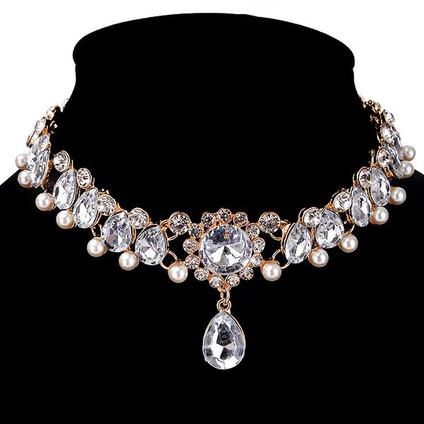 

real p luxury gold crystal necklace for wedding bridal diamond jewelry for wedding party bridal jewelry girlfriend gift, White