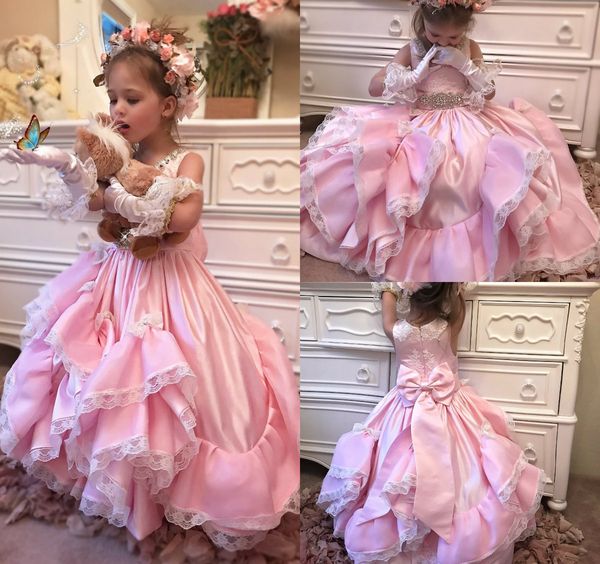 

cute pink flower girl dresses for weddings jewel neck lace rhinestone sash girls pageant gowns tutu first holy communion dresses party, White;blue