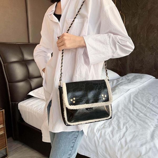 

fashion pu leather plush splicing color crossbody bags women rivet shoulder messenger ladies elegant handbags