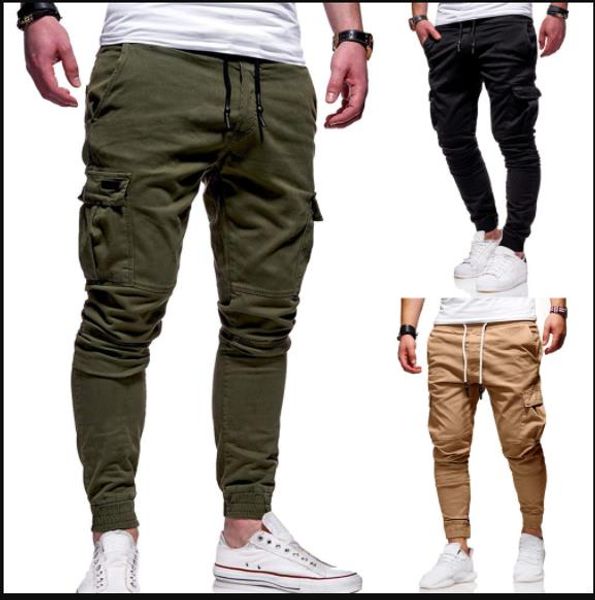 

solid color causal cargo pants striped male sports pants skinny fitness men drawstring trousers fashion running clothing, Black