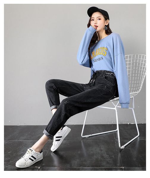 

black tall waist sand wash jeans female new tide, Blue