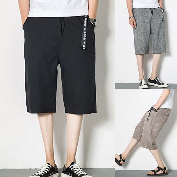 

harajuku men's new calf-length pants summer fashion leisure flax large size loose calf-length pants sport pure color pant, Black