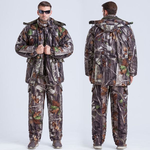 

bionic leaves camouflage suits jacket pants set men winter thicken hooded cotton hunting clothes, Camo