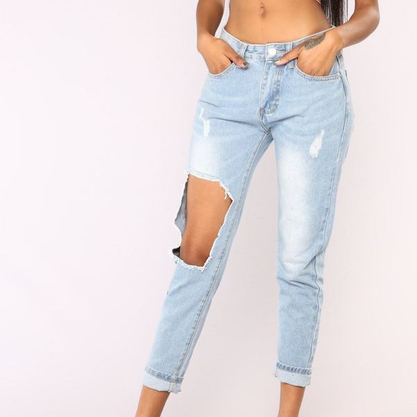 

women 2019 new fashion ripped high waist jeans fashion pockets hole straight denim pants casual loose trousers, Blue