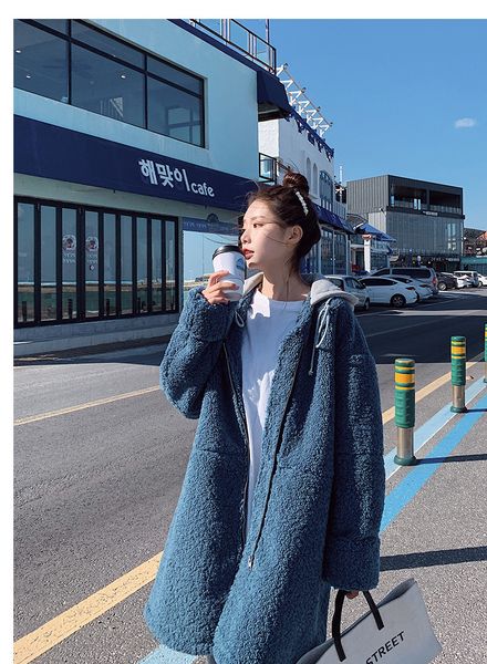 

women winter jackets coat faux lamb wool hooded winter long coat women solid plus size zipper parka jacket female casual loose outwear, Black
