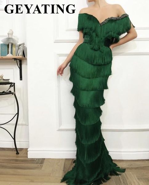 

arabic wavy emerald green tassel evening dress mermaid long crystal off the shoulder elegant women formal prom dresses in dubai, White;black