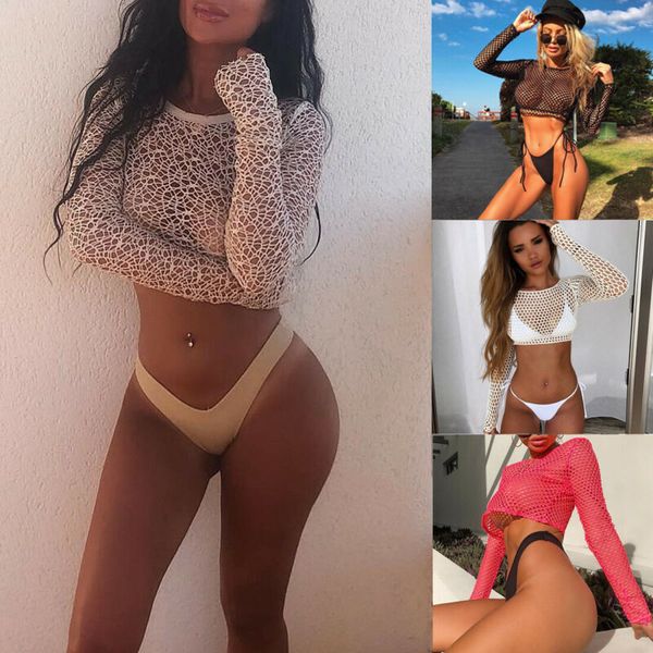 

cover-ups women fishnet hollow out tank long sleeve short crop cover up