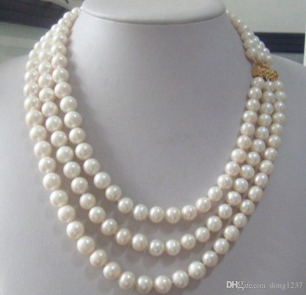 

triple strands 9-10mm real australian south sea white pearl necklace 17-19", Silver