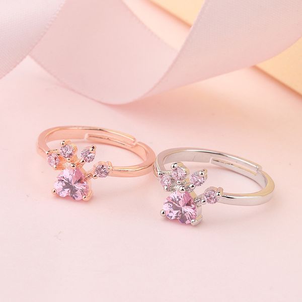 

engagement ring adjustable women rhinestone zircon ring romantic wedding cat claw pink crystal rings jewelry hot, Slivery;golden