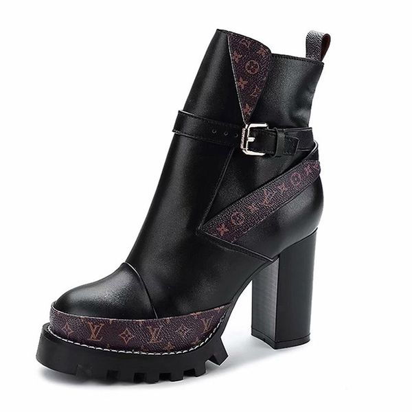 

europe and america autumn and winter super high-heeled platform thick with ankle boots female outdoor round head belt buckle martin boots, Black