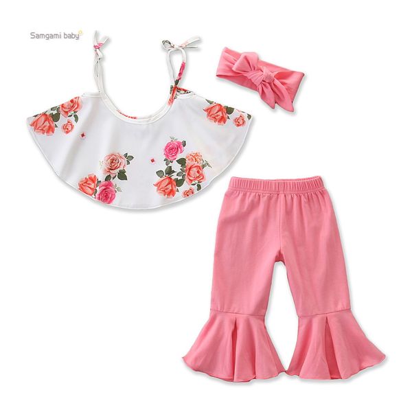 

retail girls boutique outfits summer cute sling floral flare pants 2pcs sets with headband baby tracksuit kids designer clothes clothing, White