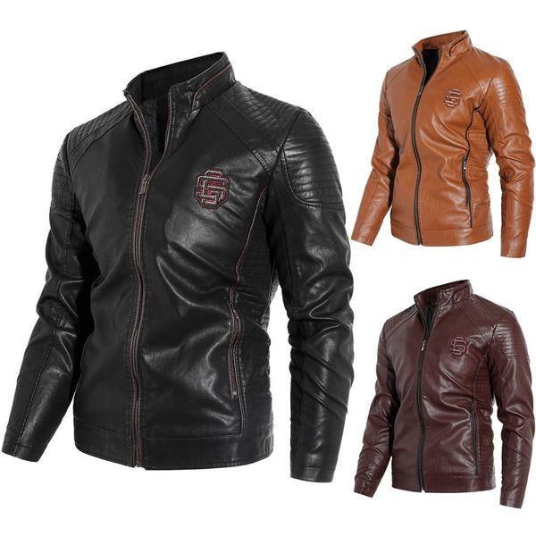 

2019 streetwear men vintage cool jacket leather long sleeve autumn winter stand collar club coat jaqueta masculino chaqueta, Black