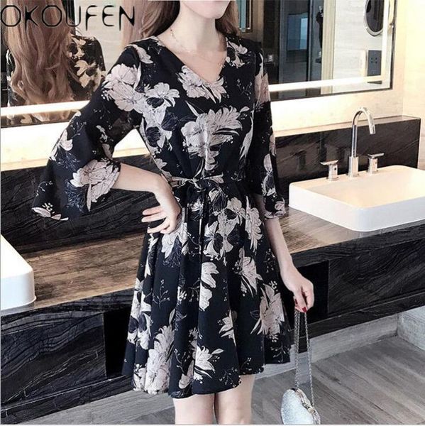 

new fashion summer korean dress women girls 3/4 sleeve floral a-line dress, White