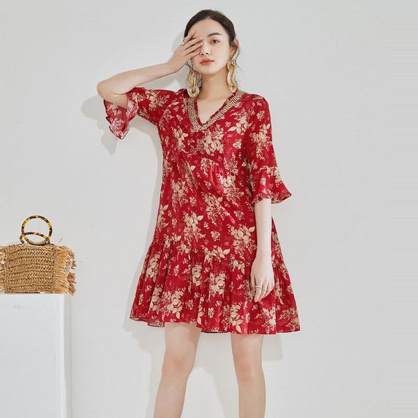 

crossmio silk dress is 7 minutes of sleeve 2020 summer dress fashionable new v-neck nail bead leaves are printed, Black;gray