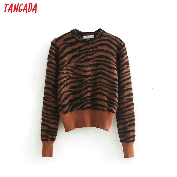

tangada women animal print skinny sweater long sleeve o neck short style stretchy pullovers female vintage be377, White;black