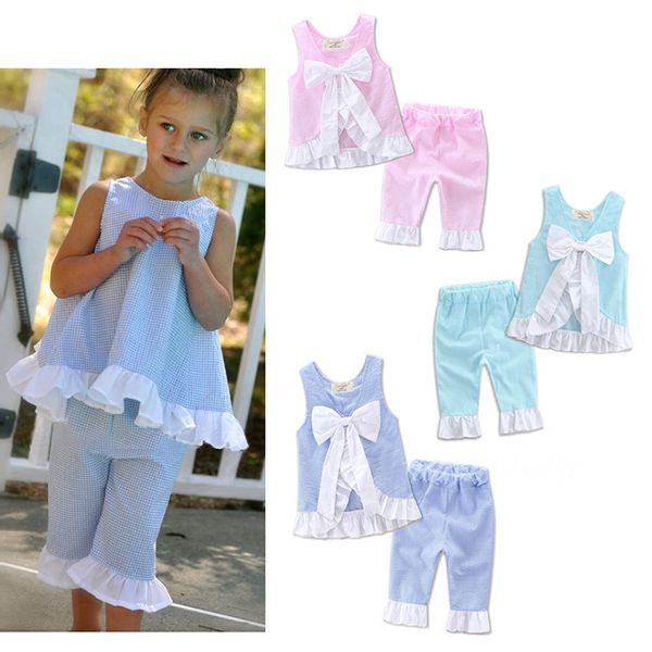 

summer 2020 cute kids baby girls big bow vest + shorts pants clothes outfits set patchwork sleeveless girls clothes set, White