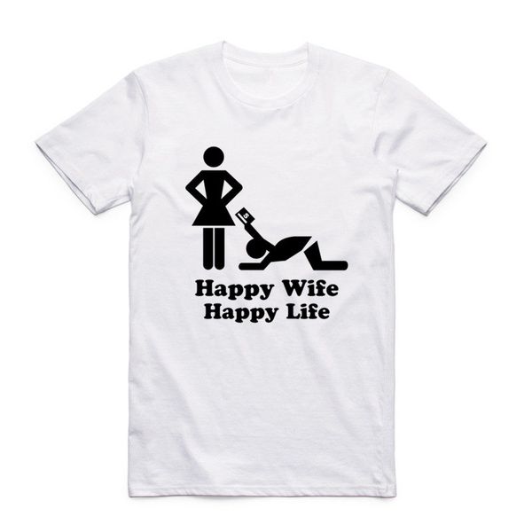 

asian size men and women print happy wife happy life funny t shirt o-neck short sleeve summer casual t-shirt hcp940, White;black