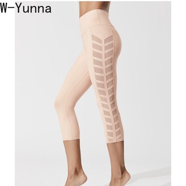 

w-yunna 2019 autumn chevron design mesh patchwork capris legging for women nylon mid-calf length leggins mujer, Black
