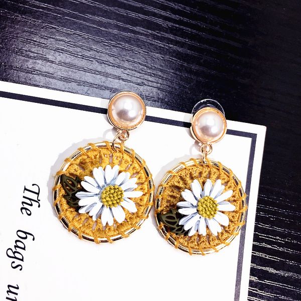 

korean new sweet woven daisy pearl earrings elegant flower dangle earrings for women gift fashion jewelry statement, Silver