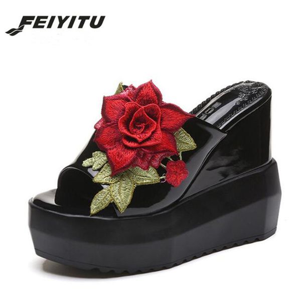 

feiyitu summer flower decoration 2018 women wedge slippers high heel comfortable wearing women vacation shoes eu size 34-39, Black