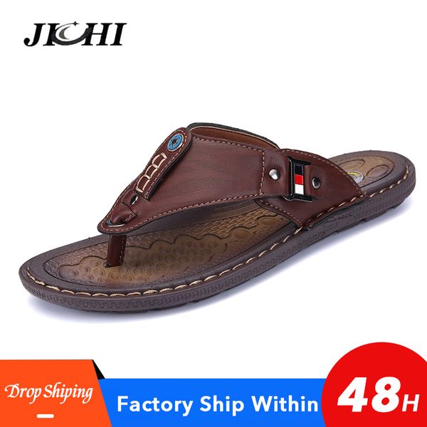 

2020 new men slippers summer beach shoes men flip flops casual sandals leather slip-on breathable sandalias, Black