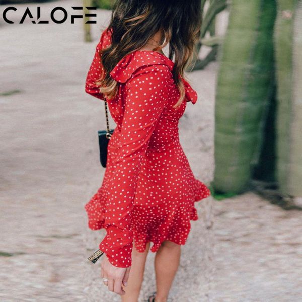 

CALOFE Ruffle Star Print Women Dress Sexy Deep V Neck Long Sleeve Woman Sundress 2018 Summer Casual Irregular Beach Mini Dress