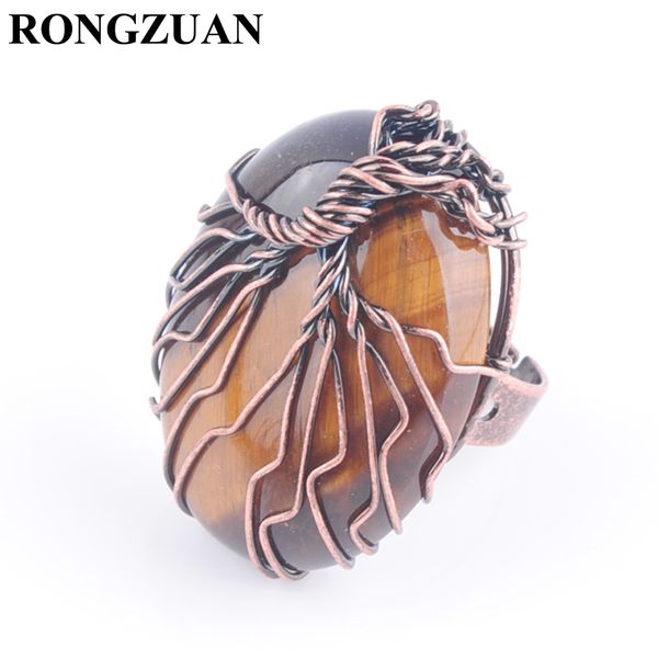 

rongzuan adjustable ring women finger jewelry natural stone tiger eye oval bead antique rings copper wire wrapped tree of life dx3056, Golden;silver