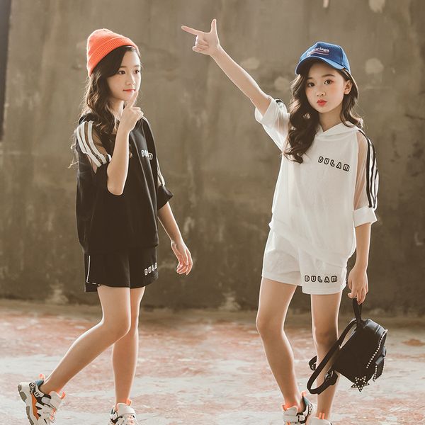 

2020 summer kids girls clothes set hooded t shirt+shorts 3 4 5 6 7 8 9 10 11 12 years suits teenage tracksuits children clothing t200526, White