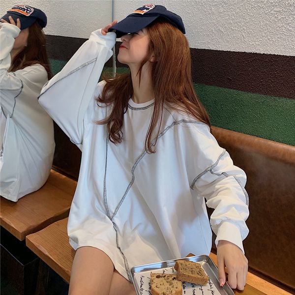 

cotton loose mid- sleeve women's 2019 autumn solid color cotton t-shirt t-shirt loose mid-long long sleeve women's 2019 autumn sol, White