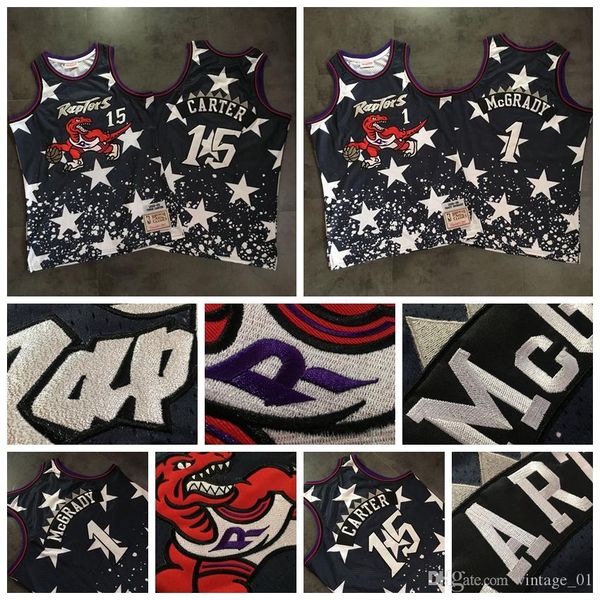 

new mitchell&ness toronto raptors men basketball jersey #15 vince carter #1 tracy mcgrady fabric full embroider y black nba