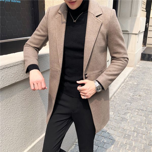 

mens designer slim woolen windbreaker medium and long thickened coat, Black;brown