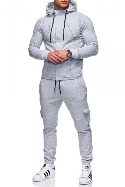 

mens конструктора сплошного цвета костюма резинка спорт развлечения 2 piece set скрытая молния кардиган с длинными рукавами одежды, Gray
